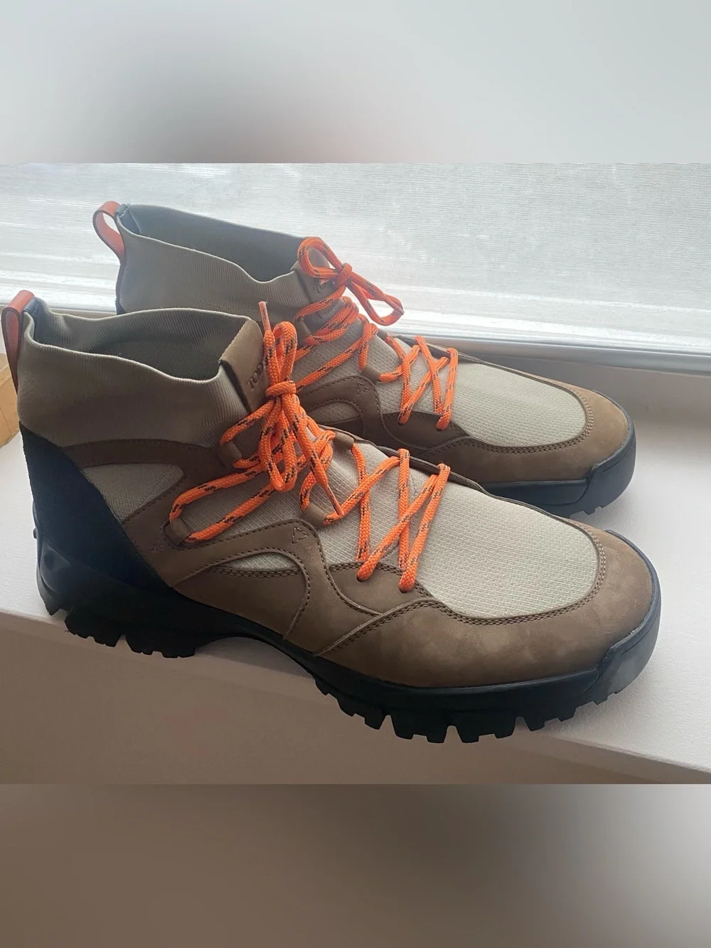 Tod's Brown and Olive Suede High-Top Trail Boot with Orange Laces